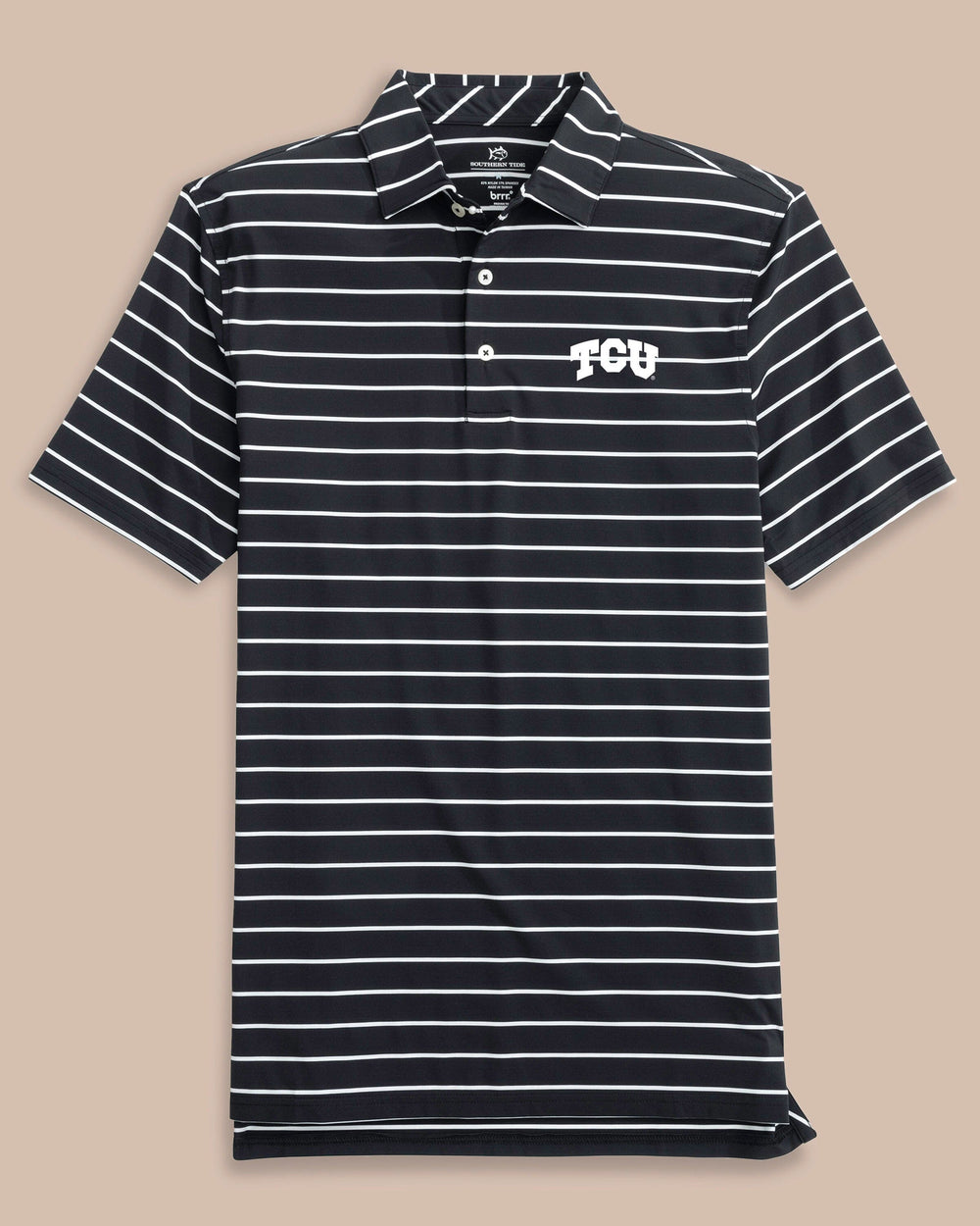 The front view of the Southern Tide TCU Horned Frogs brrr°®-eeze Desmond Stripe Polo by Southern Tide - Black
