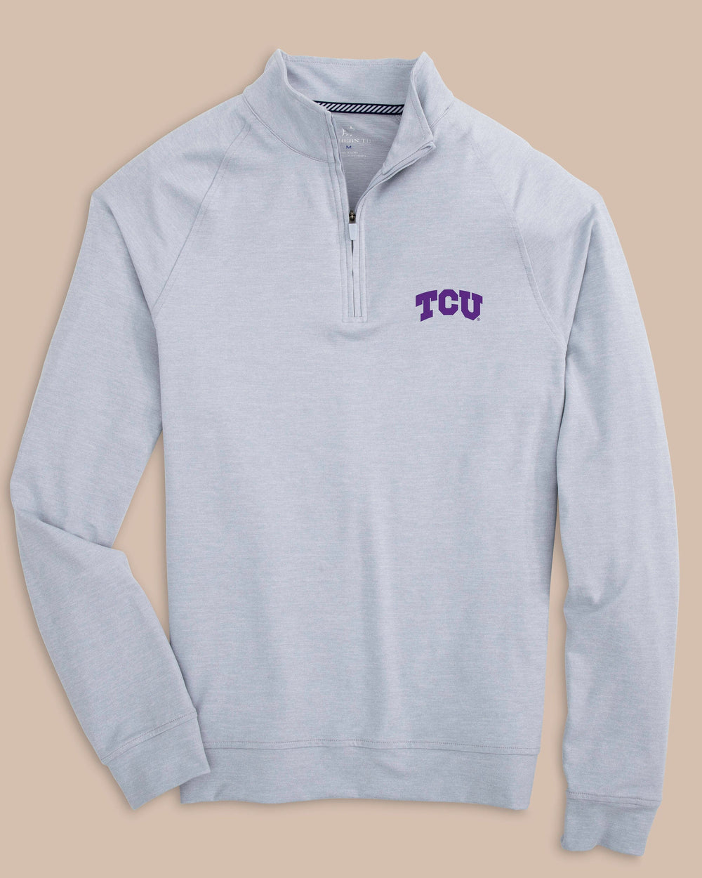 The front view of the Southern Tide TCU Horned Frogs Cruiser Heather Quarter Zip Pullover by Southern Tide - Heather Slate Grey