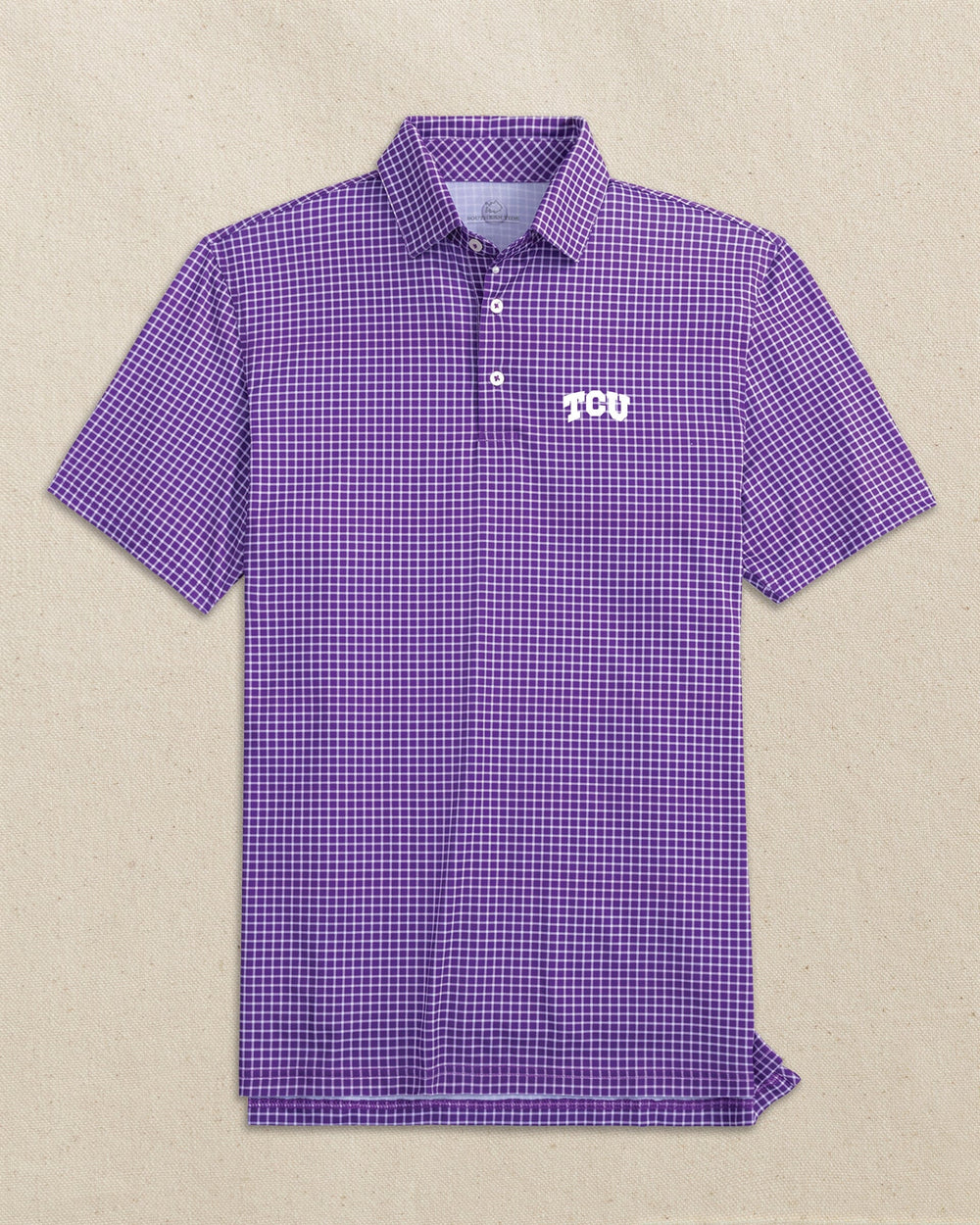 The front view of the Southern Tide TCU Horned Frogs Driver Dunes Edge Plaid Polo by Southern Tide - Regal Purple