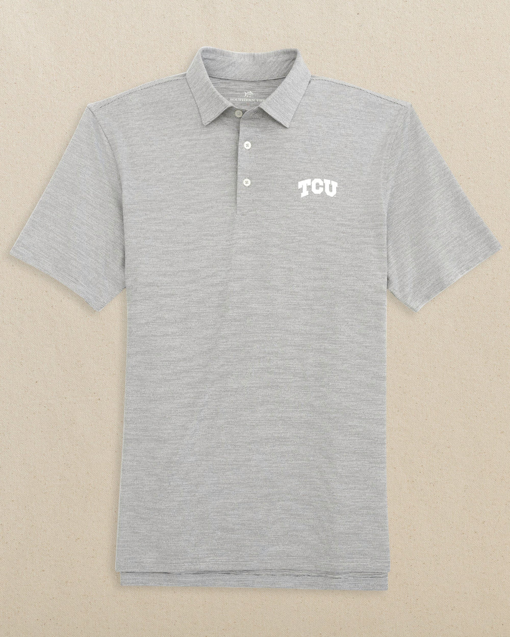 The front view of the Southern Tide TCU Horned Frogs Driver Spacedye Polo Shirt by Southern Tide - Black