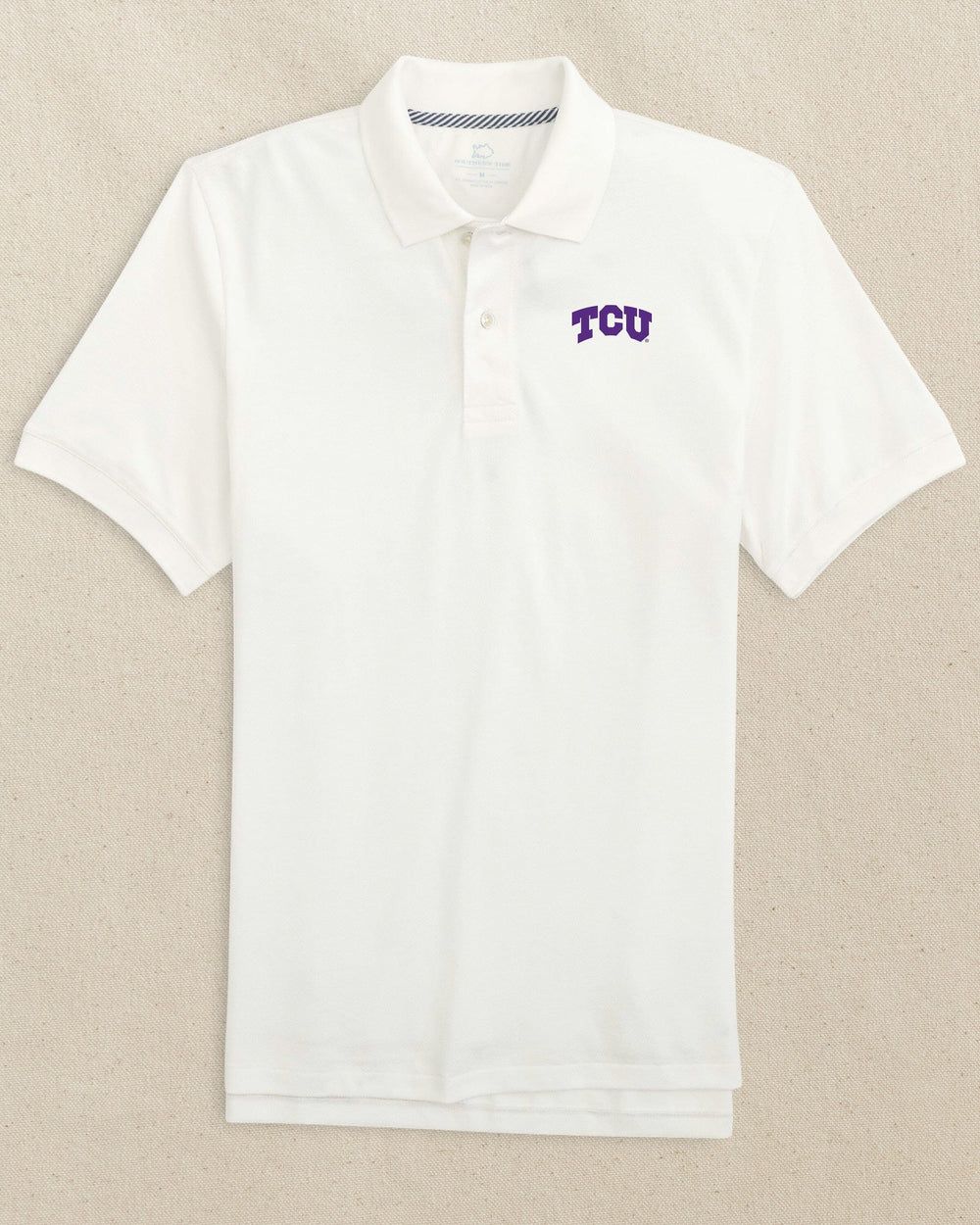 The front view of the Southern Tide TCU Horned Frogs Skipjack Polo by Southern Tide - Classic White