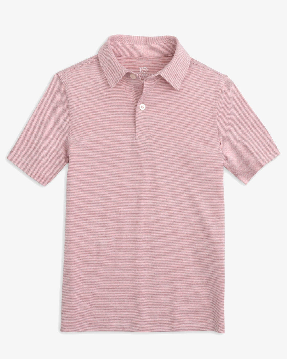 The front view of the Southern Tide Team Colors Boy's Driver Spacedye Polo Shirt by Southern Tide - Crimson