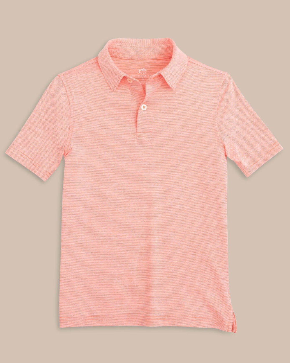 The front view of the Southern Tide Team Colors Boy's Driver Spacedye Polo Shirt by Southern Tide - Endzone Orange