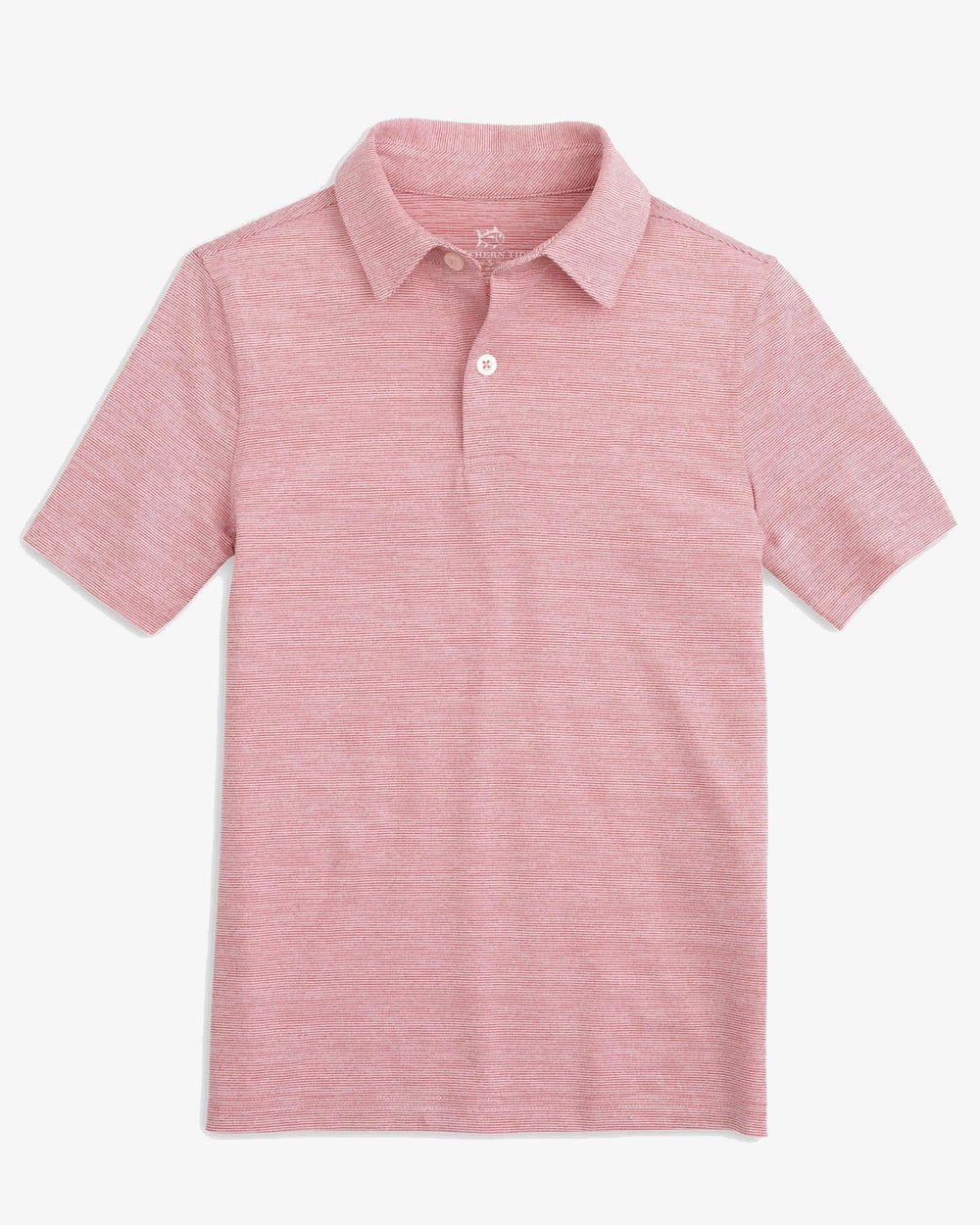 The front view of the Southern Tide Team Colors Boy's Driver Spacedye Polo Shirt by Southern Tide - Varsity Red