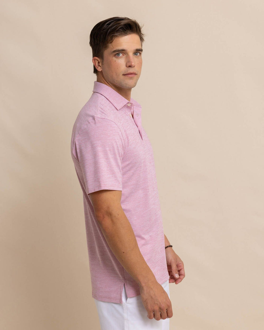 The front view of the Southern Tide Team Colors Driver Spacedye Polo Shirt by Southern Tide - Crimson