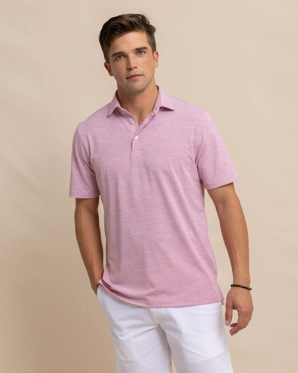 The front view of the Southern Tide Team Colors Driver Spacedye Polo Shirt by Southern Tide - Crimson