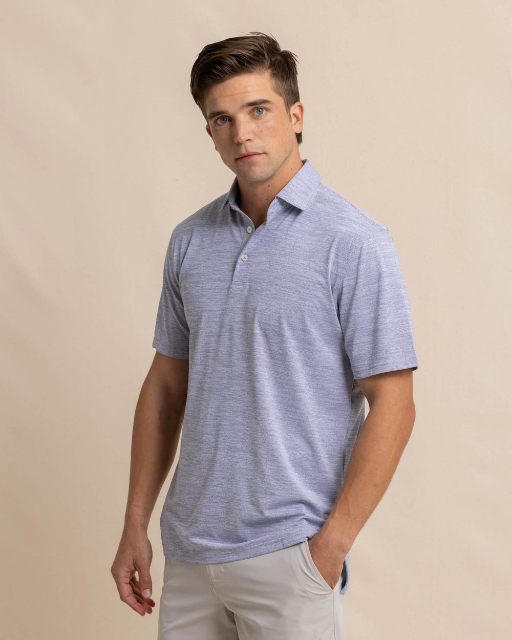 The front view of the Southern Tide Team Colors Driver Spacedye Polo Shirt by Southern Tide - Navy