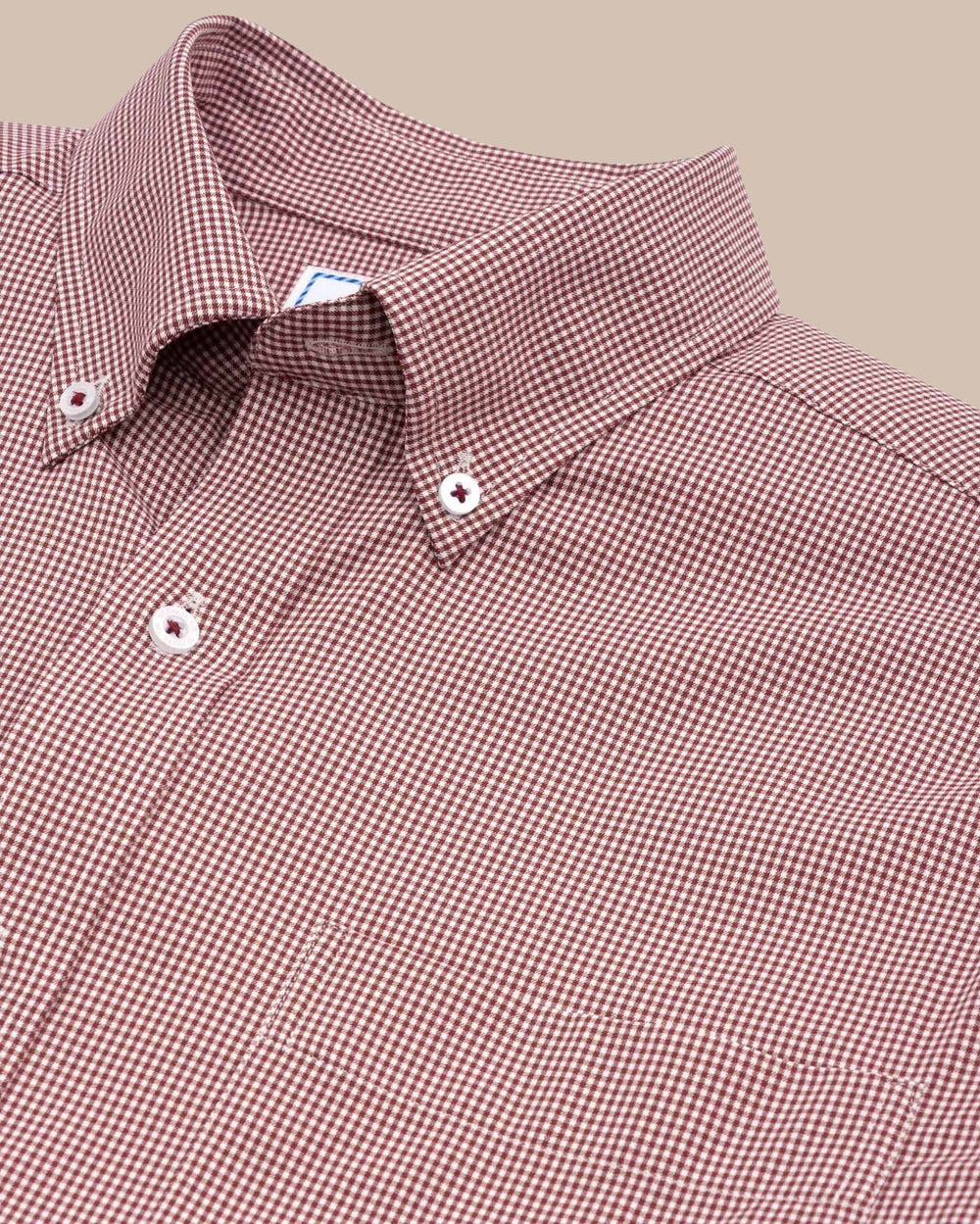 The detail view of the Southern Tide Team Colors Gingham Intercoastal Sport Shirt by Southern Tide - Chianti