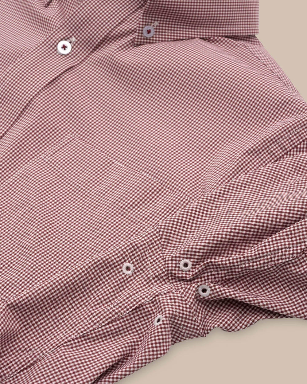 The detail view of the Southern Tide Team Colors Gingham Intercoastal Sport Shirt by Southern Tide - Chianti