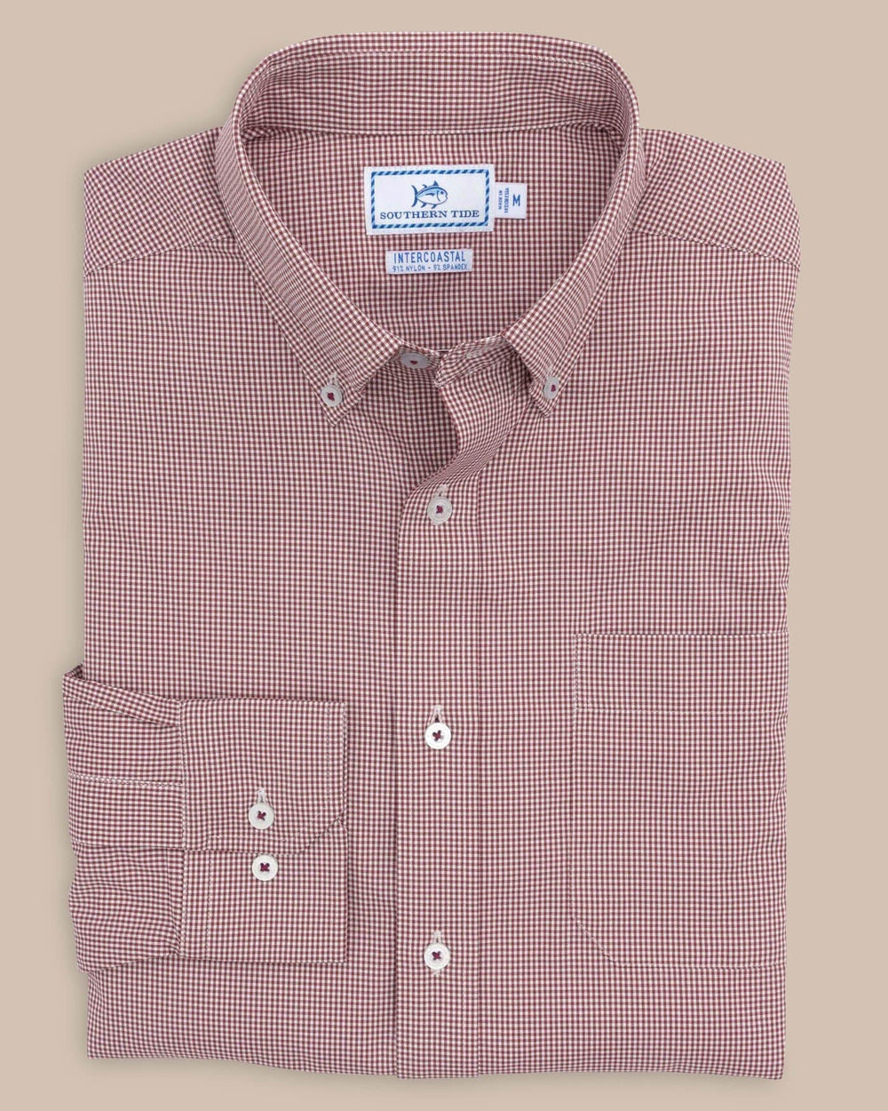 The front view of the Southern Tide Team Colors Gingham Intercoastal Sport Shirt by Southern Tide - Chianti
