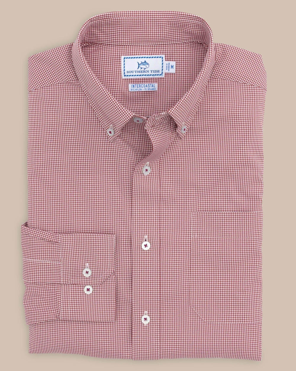 The front view of the Southern Tide Team Colors Gingham Intercoastal Sport Shirt by Southern Tide - Crimson