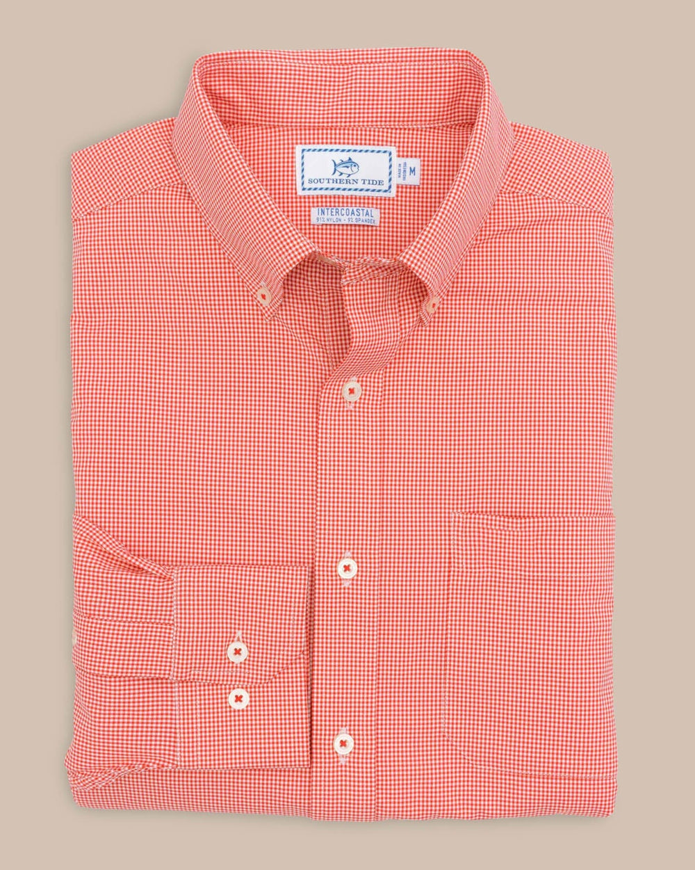 The front view of the Southern Tide Team Colors Gingham Intercoastal Sport Shirt by Southern Tide - Endzone Orange
