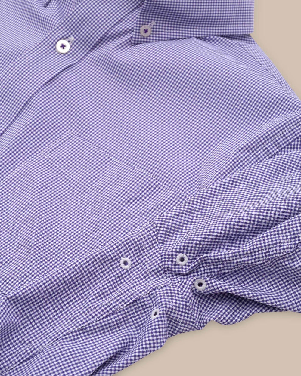The detail view of the Southern Tide Team Colors Gingham Intercoastal Sport Shirt by Southern Tide - Regal Purple