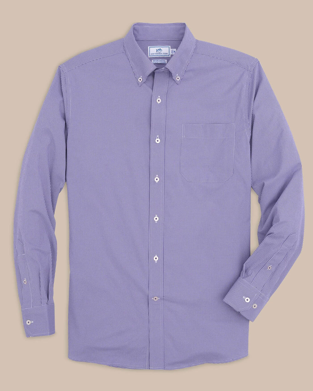The front view of the Southern Tide Team Colors Gingham Intercoastal Sport Shirt by Southern Tide - Regal Purple