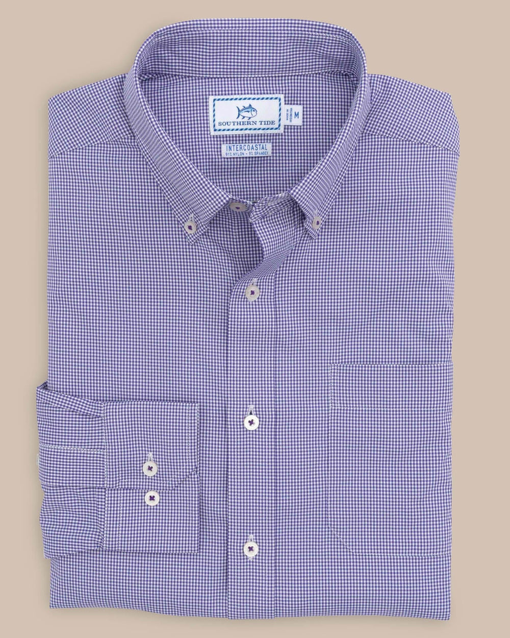 The front view of the Southern Tide Team Colors Gingham Intercoastal Sport Shirt by Southern Tide - Regal Purple