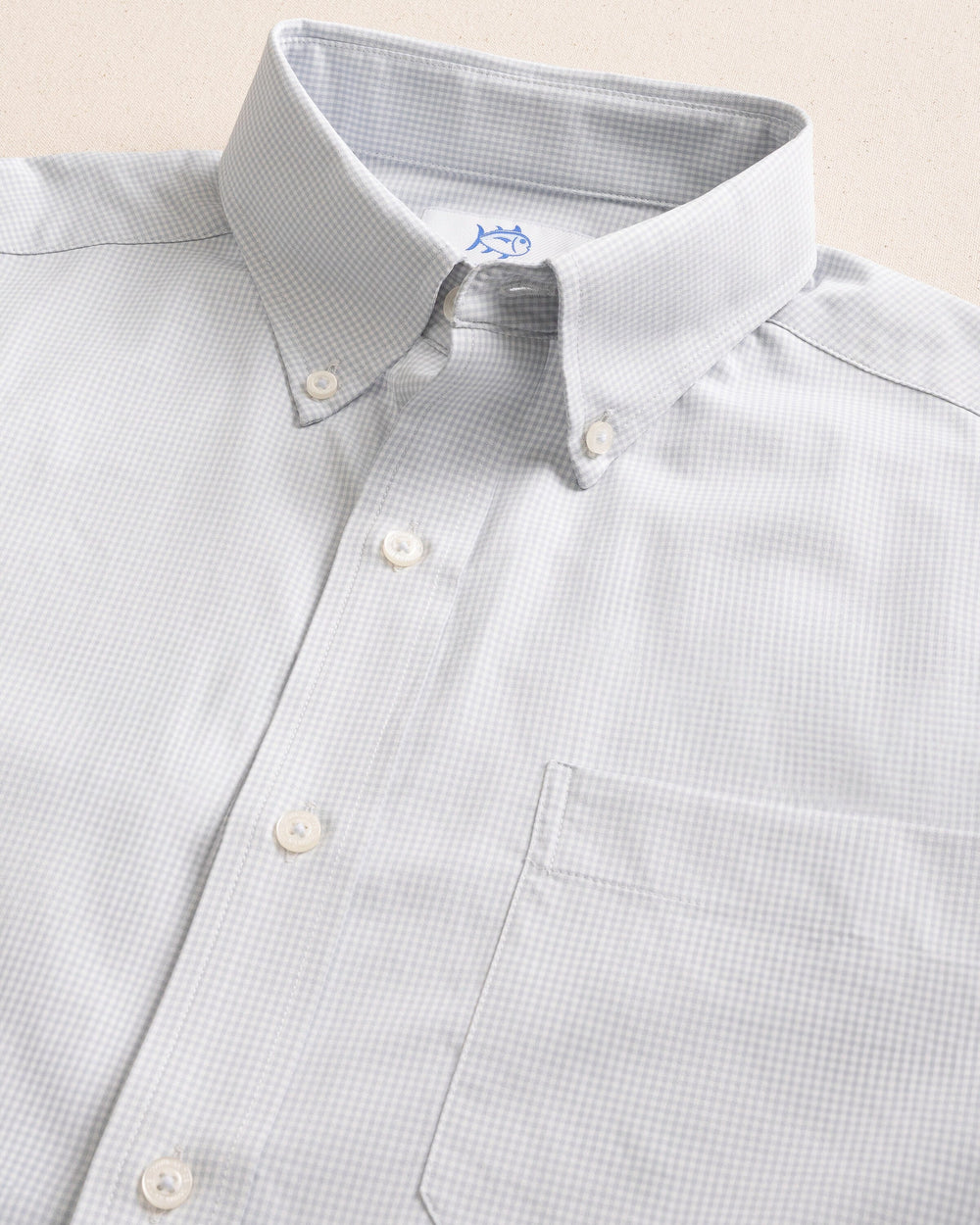 The detail view of the Southern Tide Team Colors Gingham Intercoastal Sport Shirt by Southern Tide - Slate Grey
