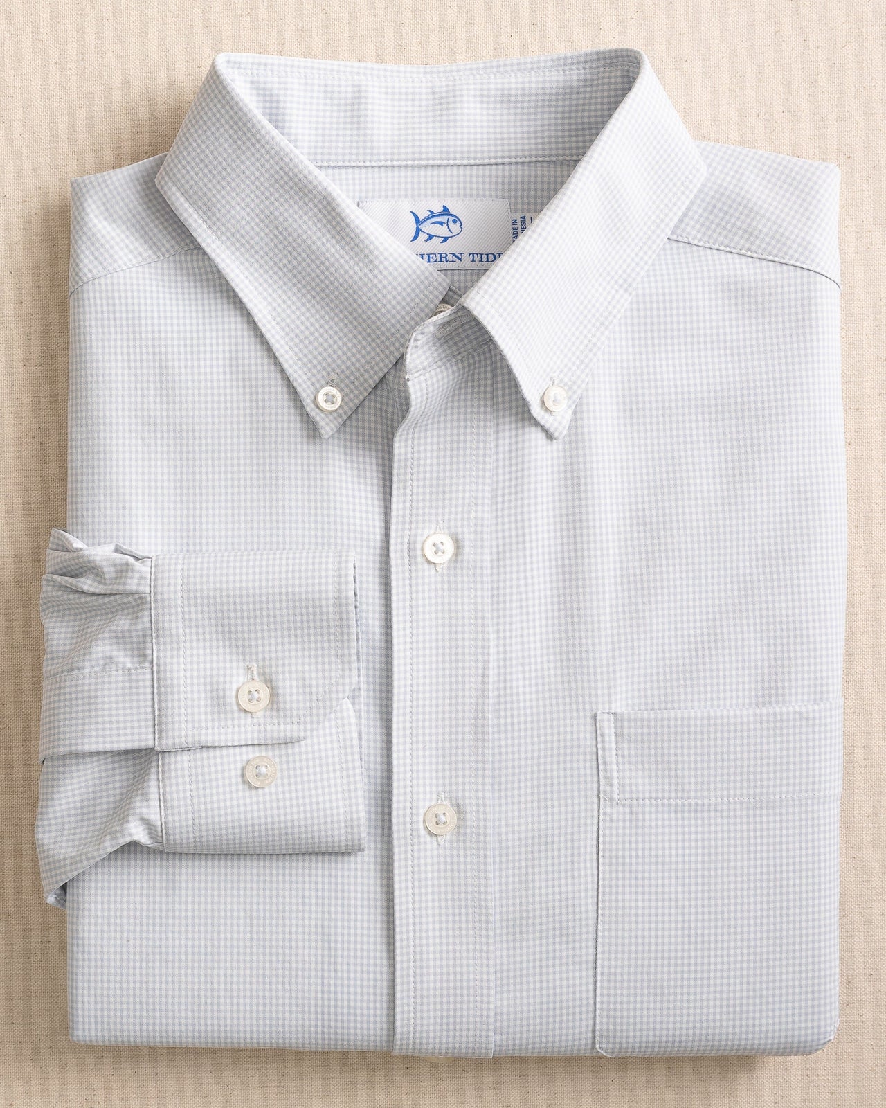 The front view of the Southern Tide Team Colors Gingham Intercoastal Sport Shirt by Southern Tide - Slate Grey