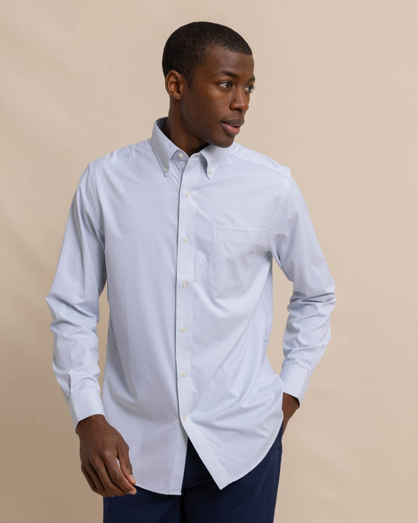The front view of the Team Colors Gingham Intercoastal Sport Shirt by Southern Tide - Slate Grey