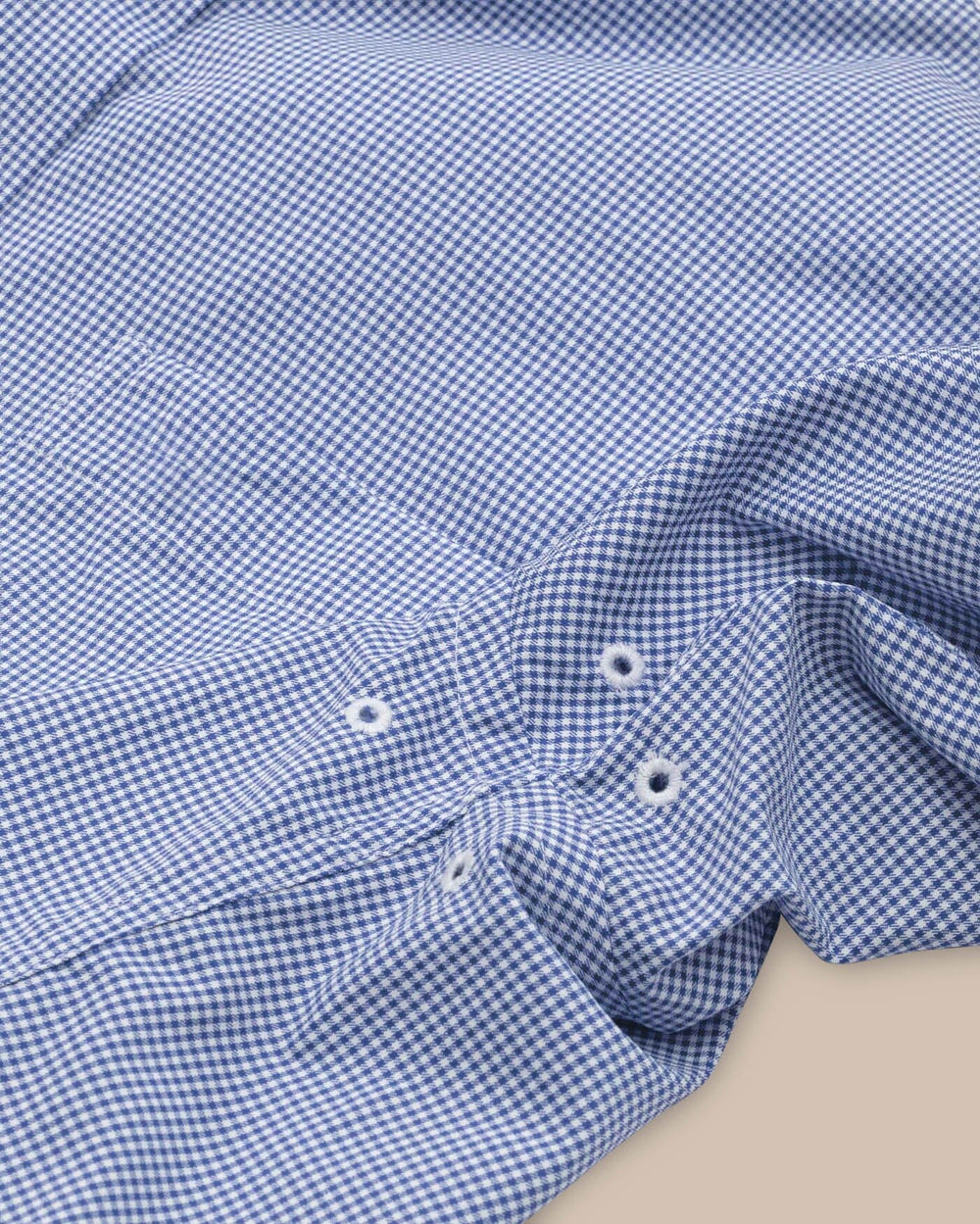 The detail view of the Southern Tide Team Colors Gingham Intercoastal Sport Shirt by Southern Tide - University Blue