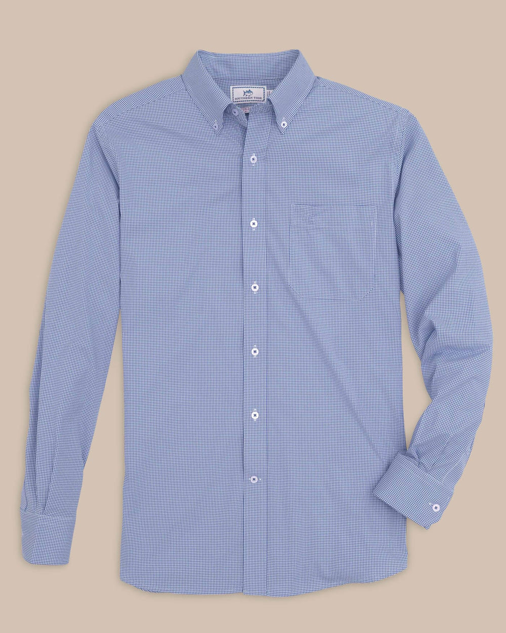 The front view of the Southern Tide Team Colors Gingham Intercoastal Sport Shirt by Southern Tide - University Blue