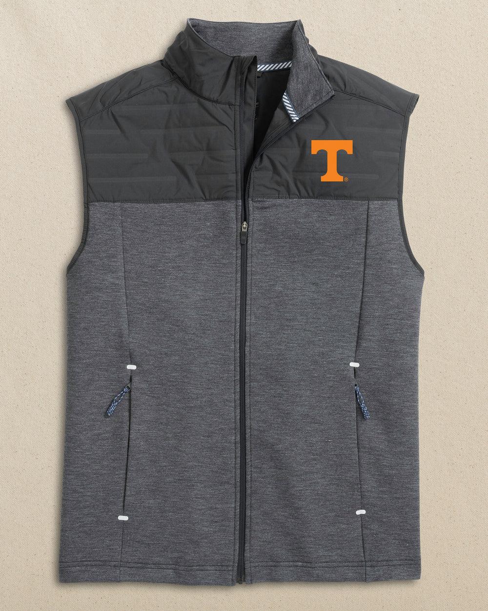 The front view of the Southern Tide Tennessee Vols Coligny Quilted Vest by Southern Tide - Caviar Black