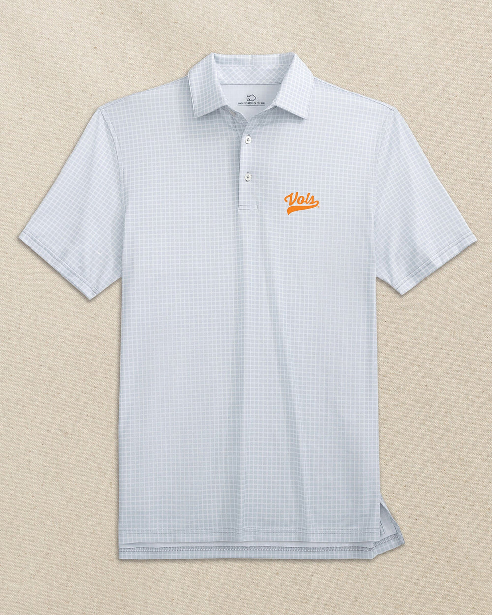 The front view of the Southern Tide Tennessee Vols Script Driver Dunes Edge Plaid Polo by Southern Tide - Slate Grey