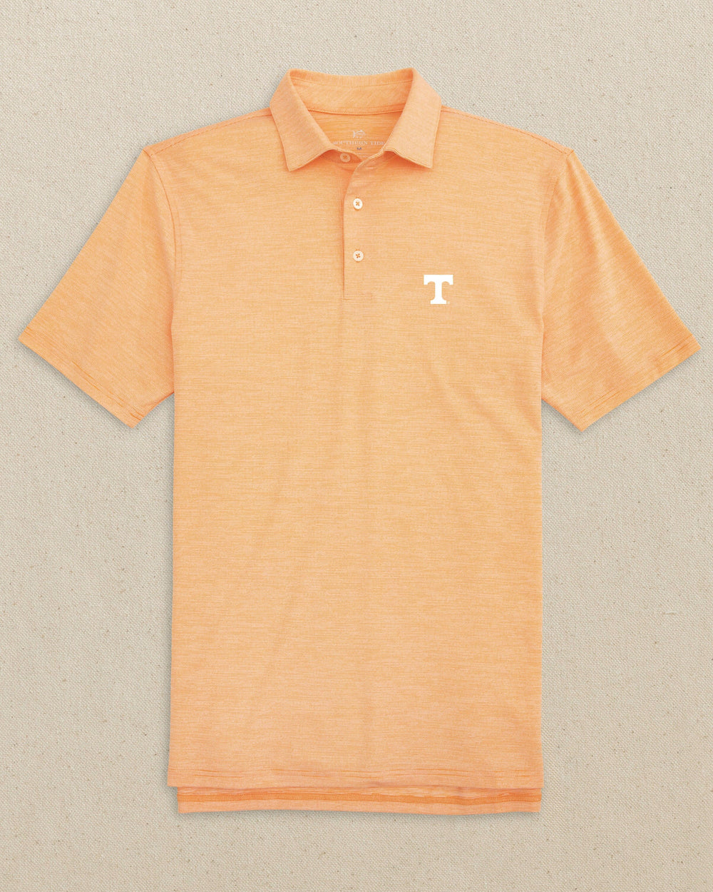 The front view of the Southern Tide Tennessee Vols White "T" Driver Spacedye Polo Shirt by Southern Tide - Rocky Top Orange