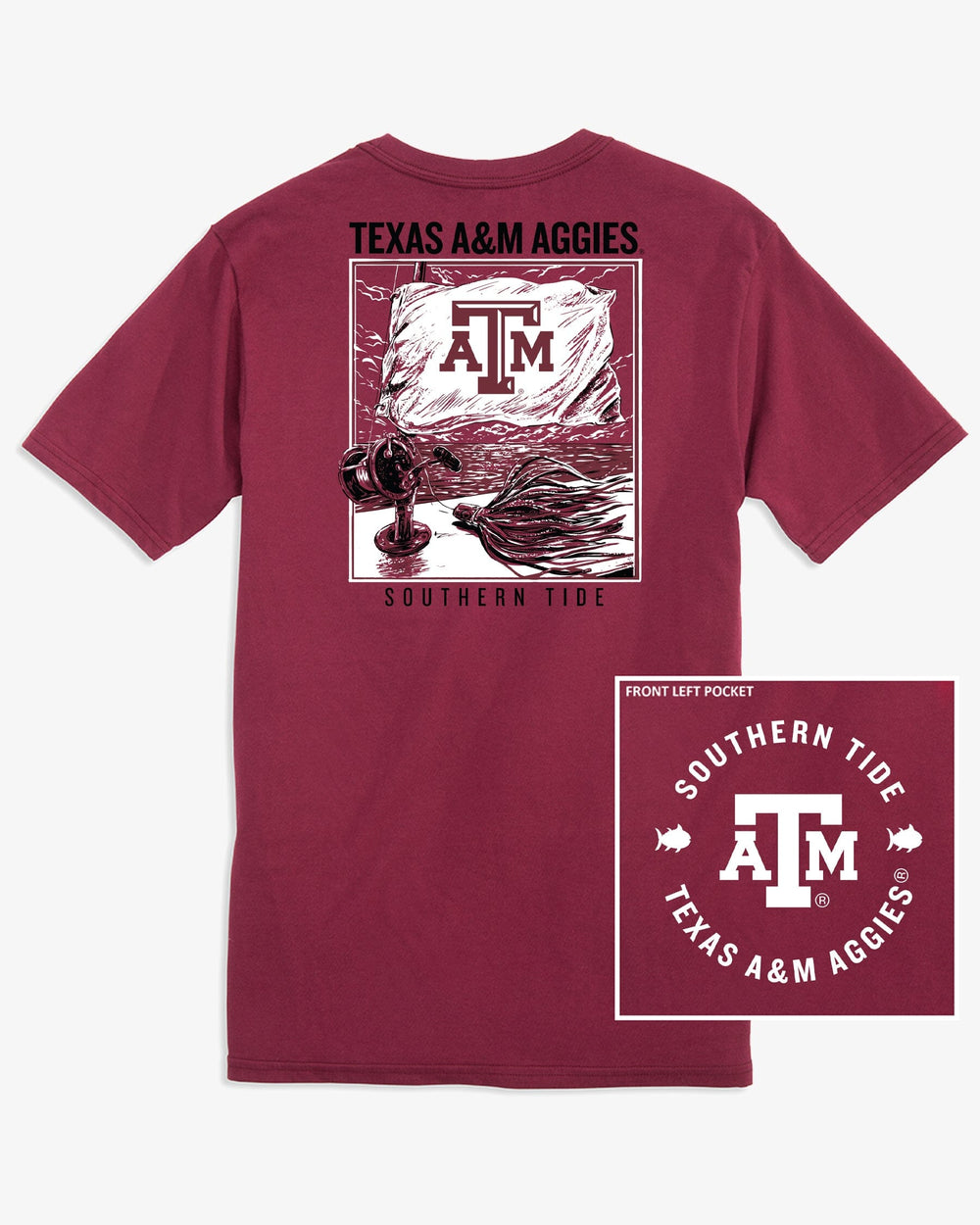 The back view of the Texas A&M Aggies Fishing Flag T-Shirt by Southern Tide - Chianti