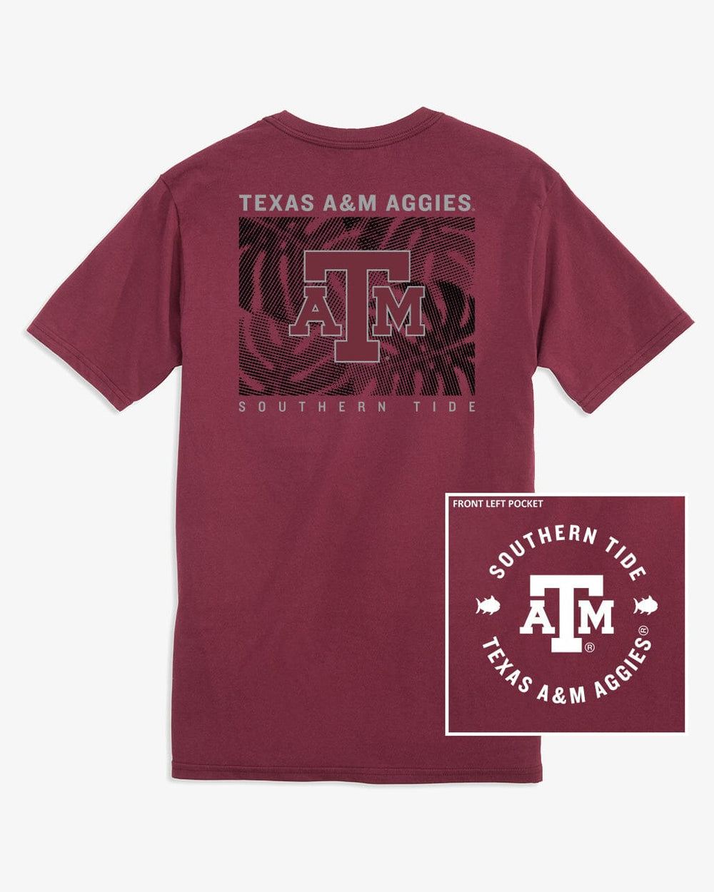 The back view of the Texas A&M Aggies Halftone Monstera T-Shirt by Southern Tide - Chianti
