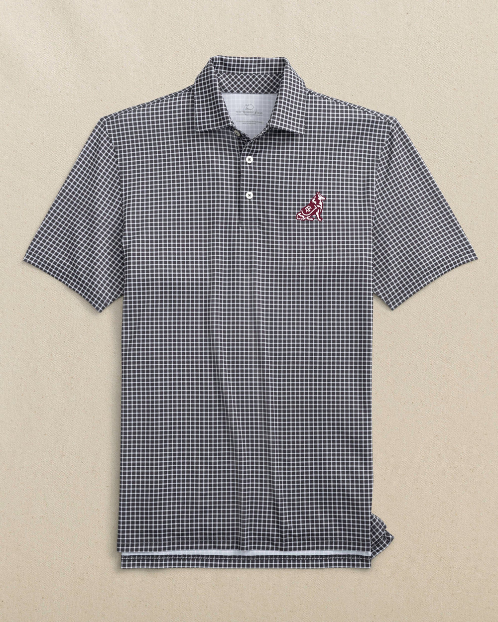 The front view of the Southern Tide Texas A&M Reveille Driver Dunes Edge Plaid Polo by Southern Tide - Black