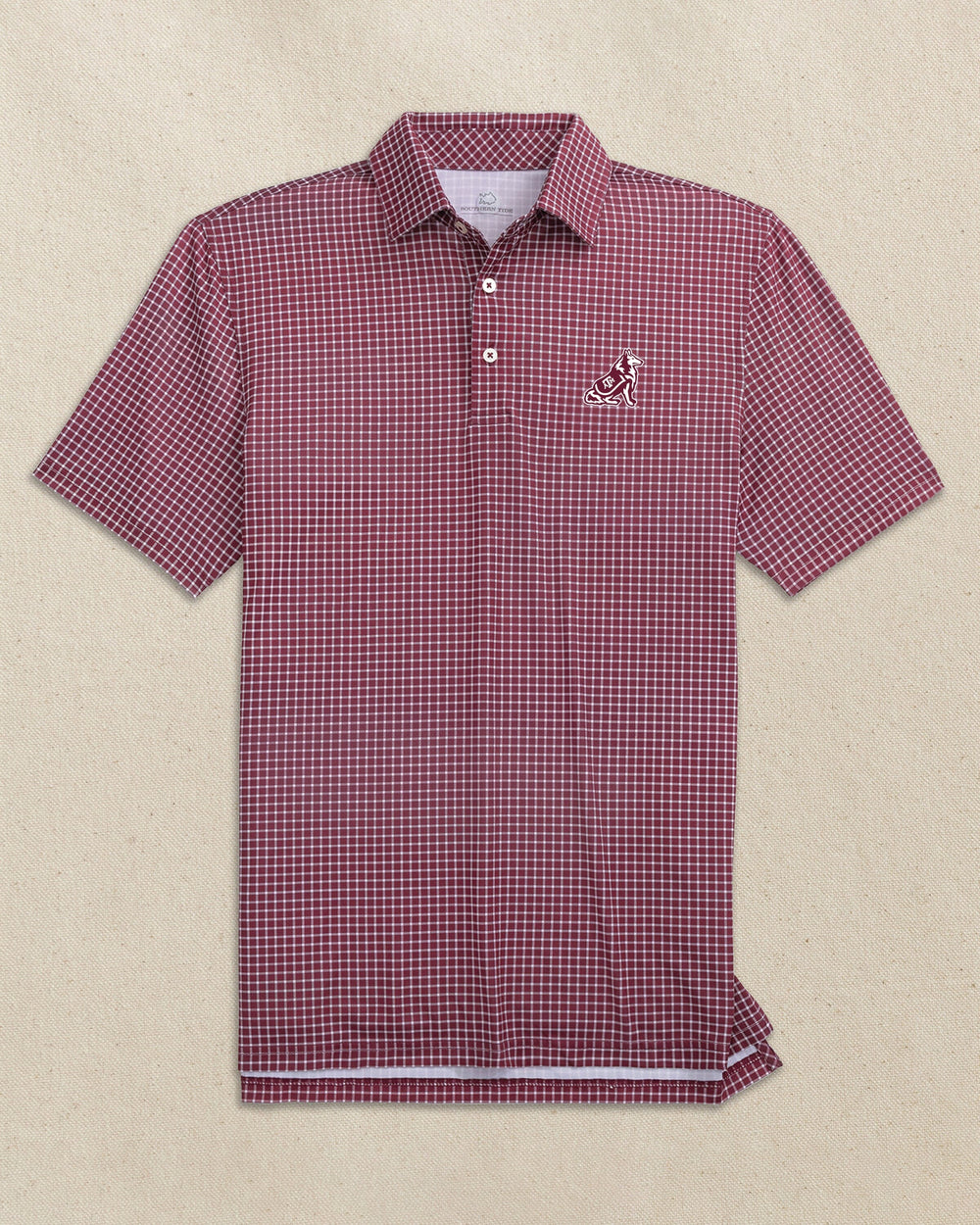 The front view of the Southern Tide Texas A&M Reveille Driver Dunes Edge Plaid Polo by Southern Tide - Chianti