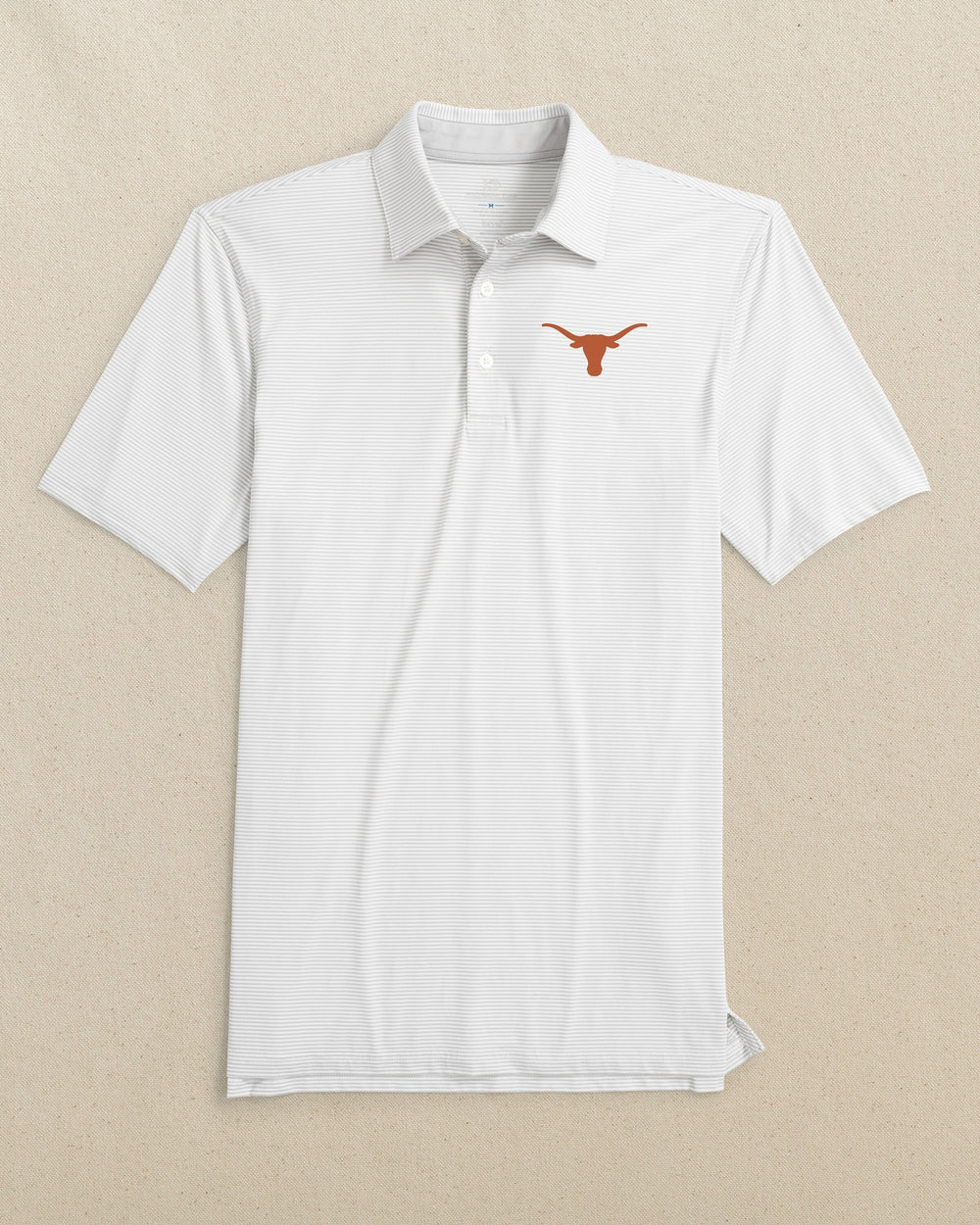 The front view of the Southern Tide Texas Longhorns brrr°®-eeze Meadowbrook Stripe Polo by Southern Tide - Platinum Grey