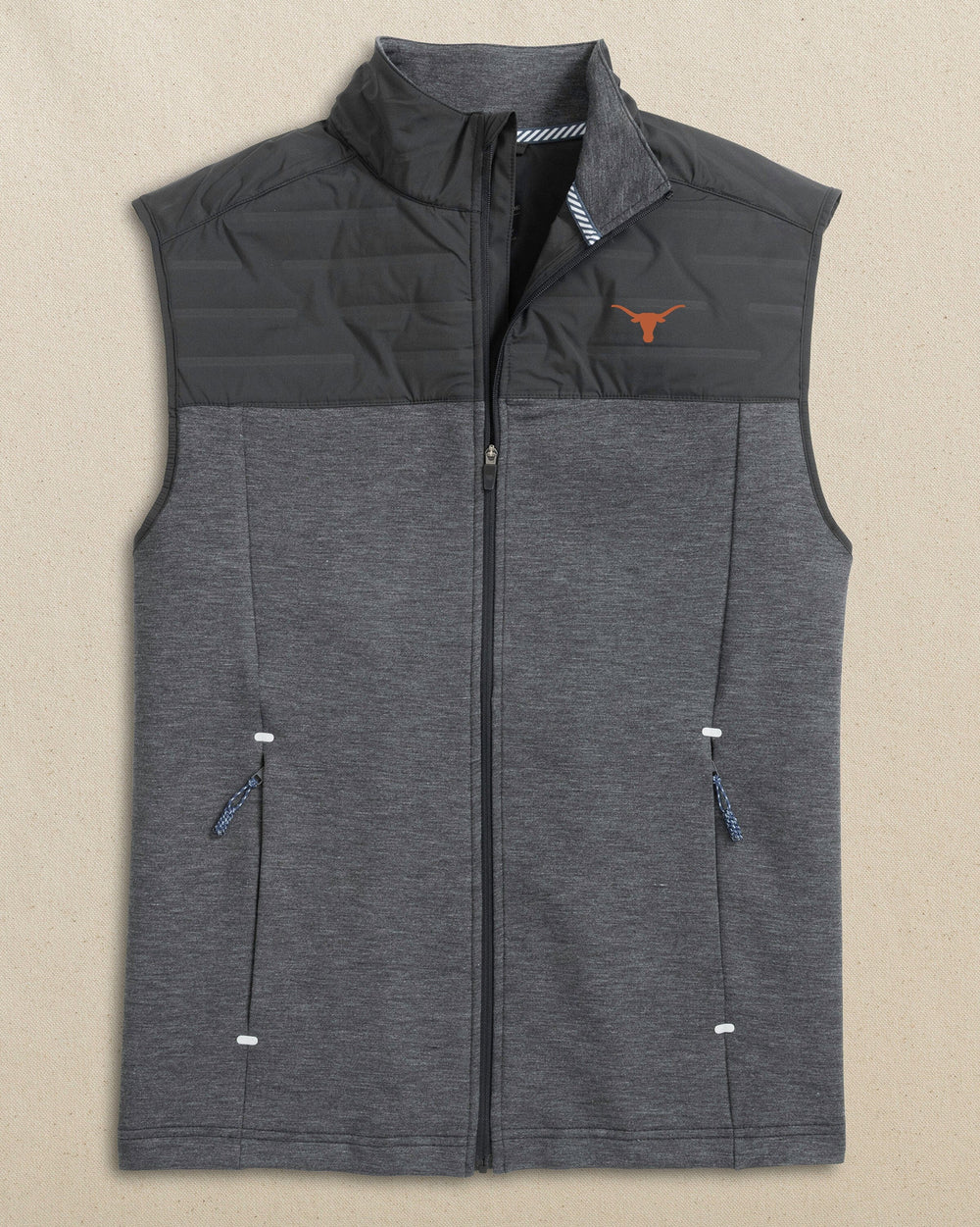The front view of the Southern Tide Texas Longhorns Coligny Quilted Vest by Southern Tide - Caviar Black