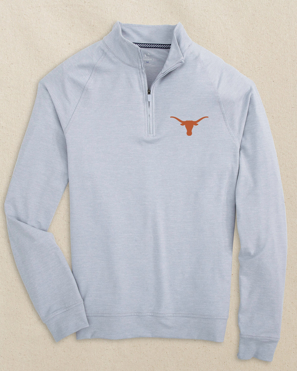 The front view of the Southern Tide Texas Longhorns Cruiser Heather Quarter Zip Pullover by Southern Tide - Heather Slate Grey