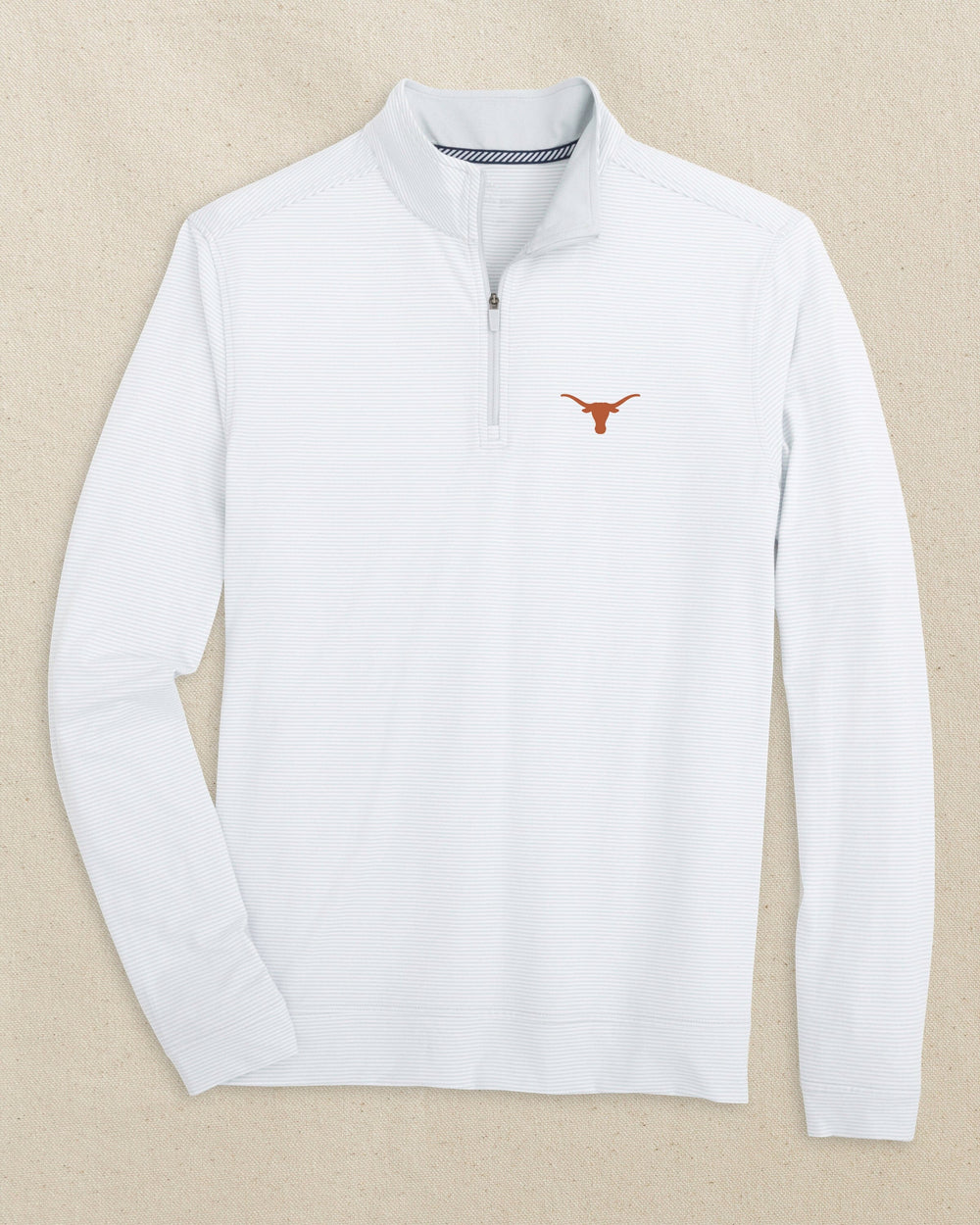 The front view of the Southern Tide Texas Longhorns Cruiser Micro-Stripe Heather Quarter Zip by Southern Tide - Heather Slate Grey