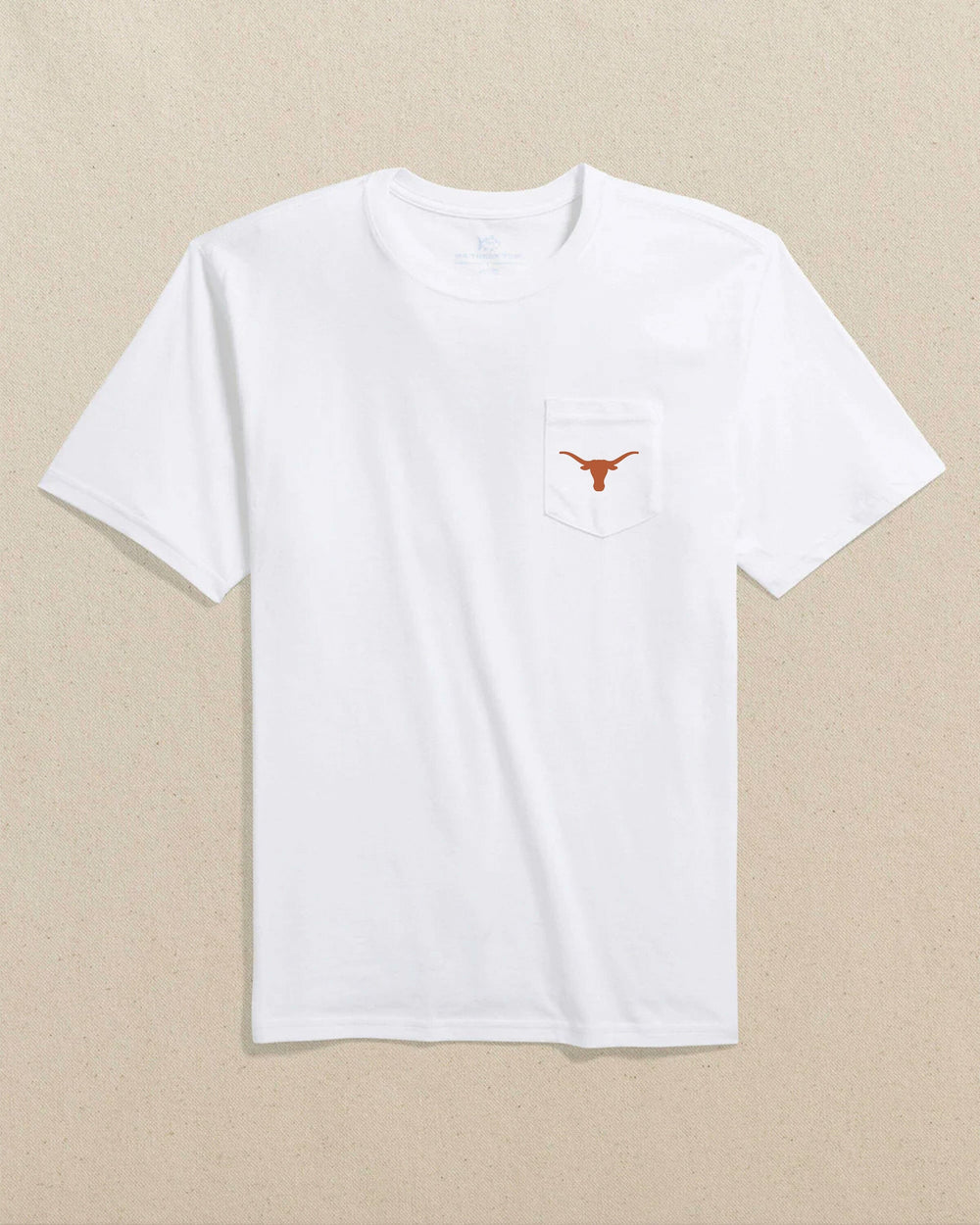 The front view of the Southern Tide Texas Longhorns Skipjack Play Short Sleeve T-Shirt by Southern Tide - White and Rust