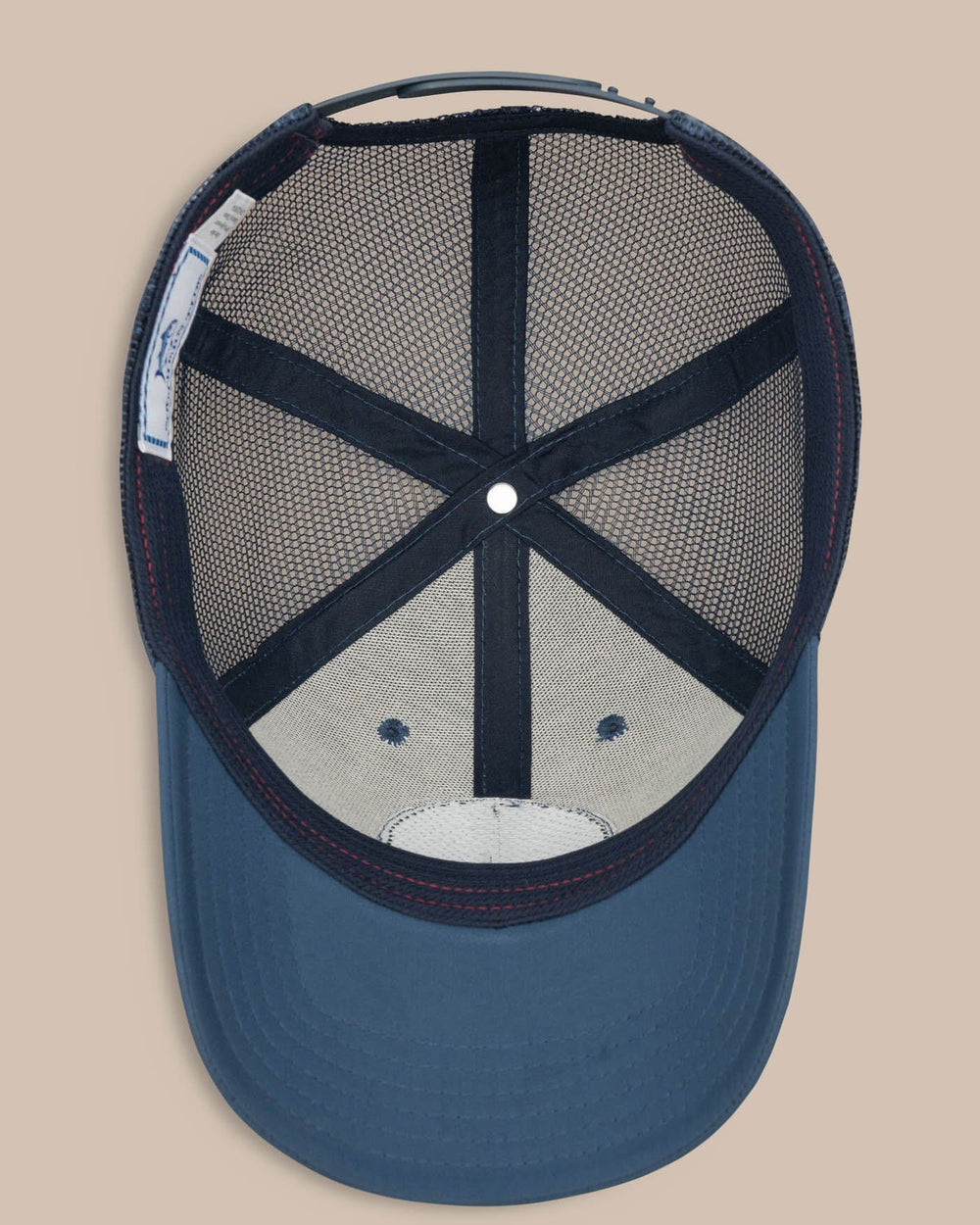 The below view of the Men's Texas Patch Performance Trucker Hat by Southern Tide - Seven Seas Blue