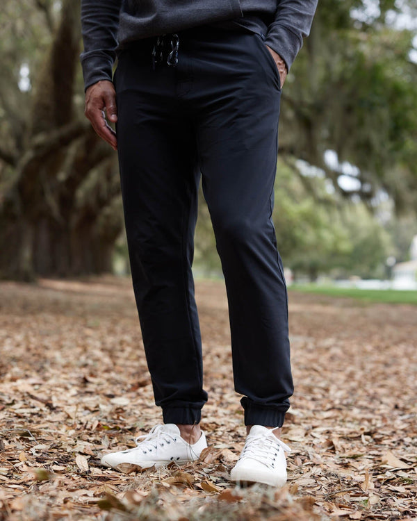 The front view of the Southern Tide The Excursion Performance Jogger by Southern Tide - Caviar Black