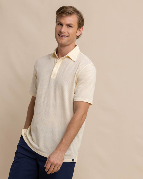 The front view of the Southern Tide The Seaport Davenport Stripe Polo by Southern Tide - Beach Ball Yellow
