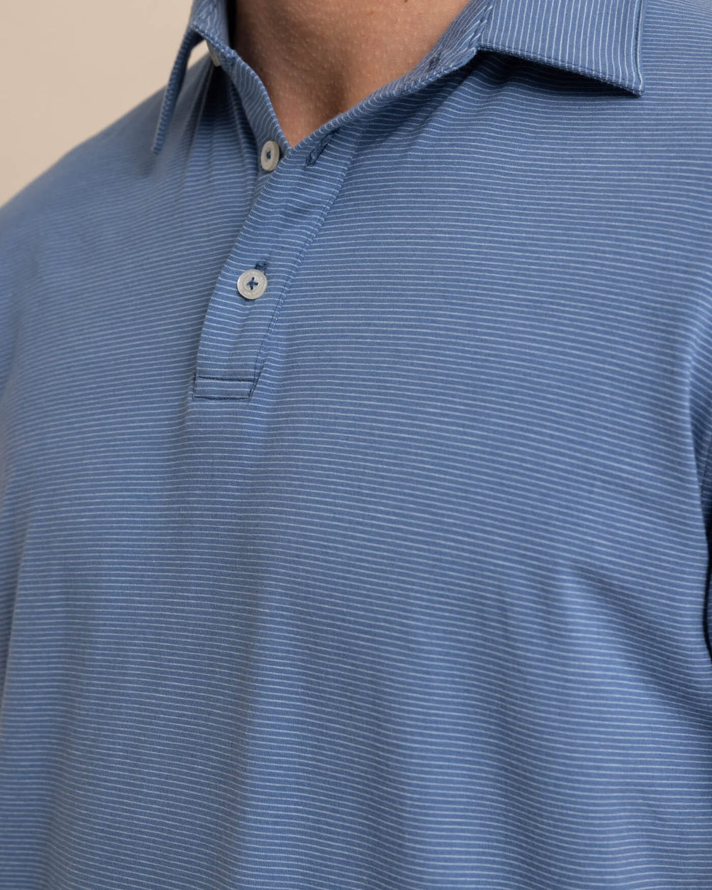The detail view of the Southern Tide The Seaport Davenport Stripe Polo by Southern Tide - Coronet Blue