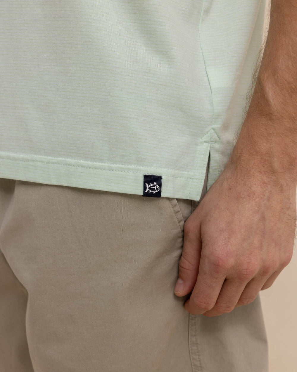 The detail view of the Southern Tide The Seaport Davenport Stripe Polo by Southern Tide - Morning Mist Sage