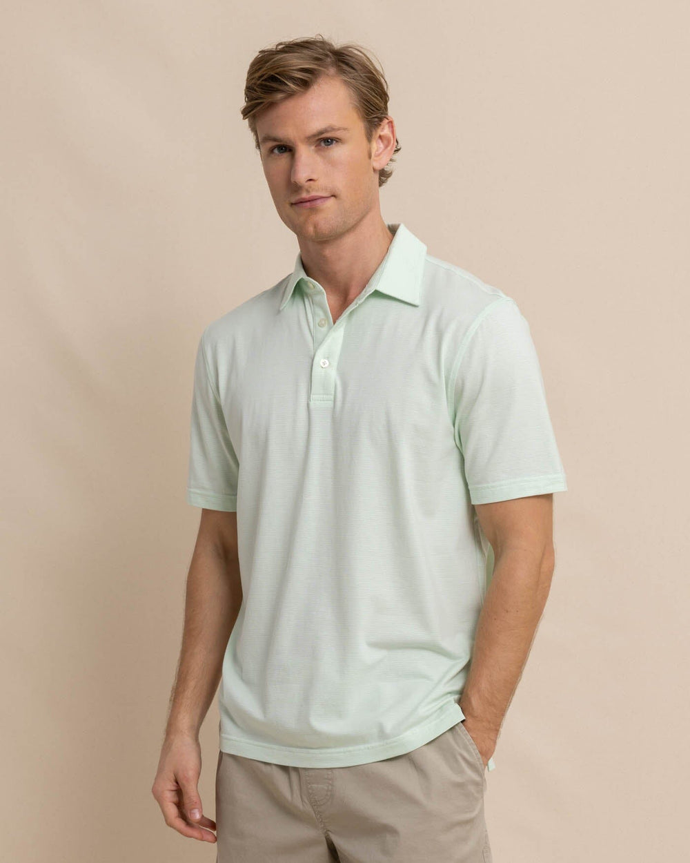 The front view of the Southern Tide The Seaport Davenport Stripe Polo by Southern Tide - Morning Mist Sage