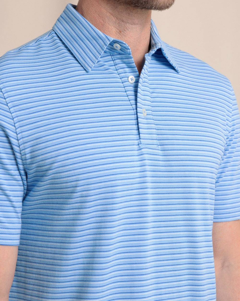 The front detail view of the Southern Tide The Seaport Kinston Stripe Polo by Southern Tide - Boat Blue