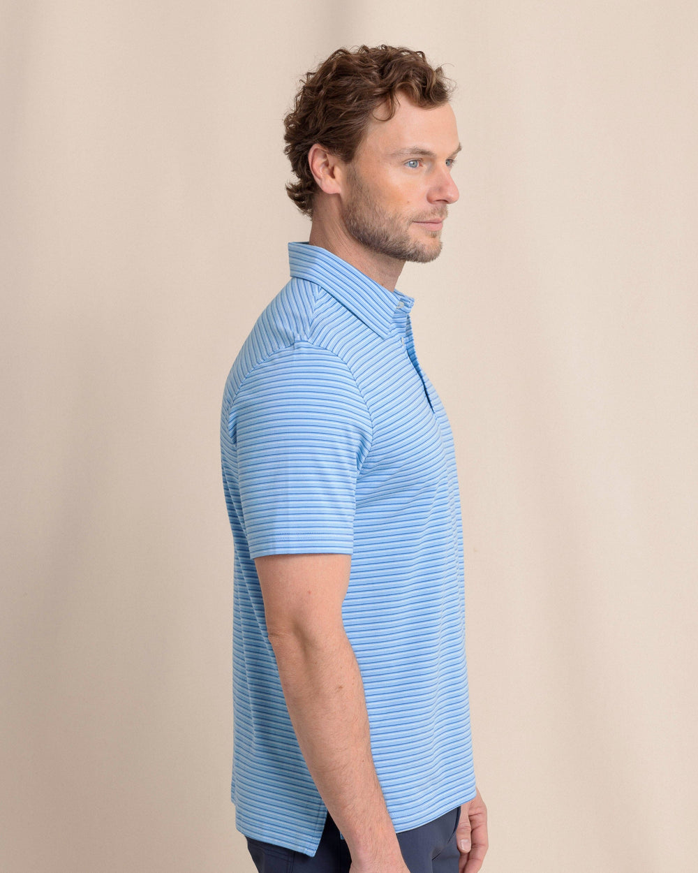 The side view of the Southern Tide The Seaport Kinston Stripe Polo by Southern Tide - Boat Blue