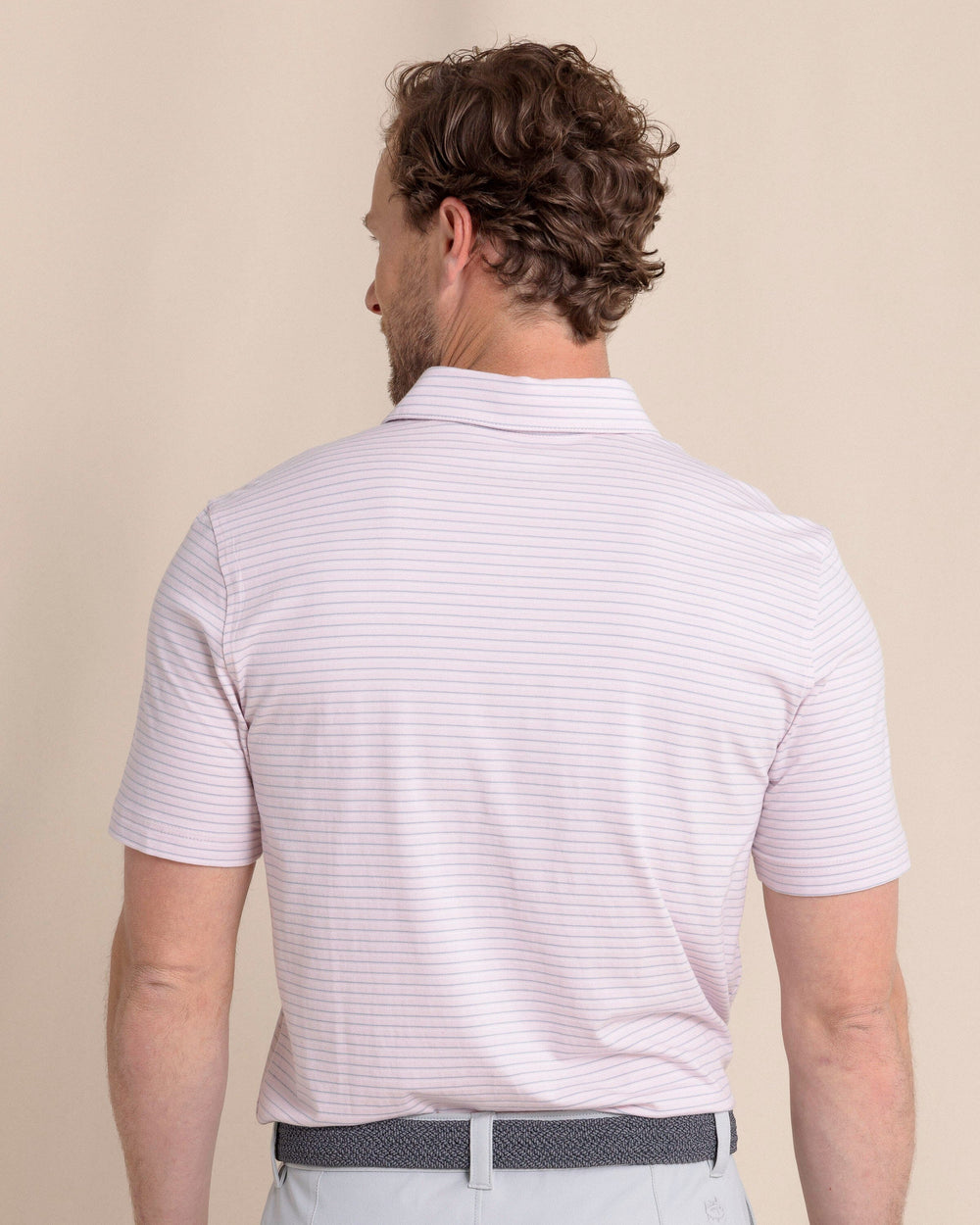 The back view of the Southern Tide The Seaport Kinston Stripe Polo by Southern Tide - Parfait Pink