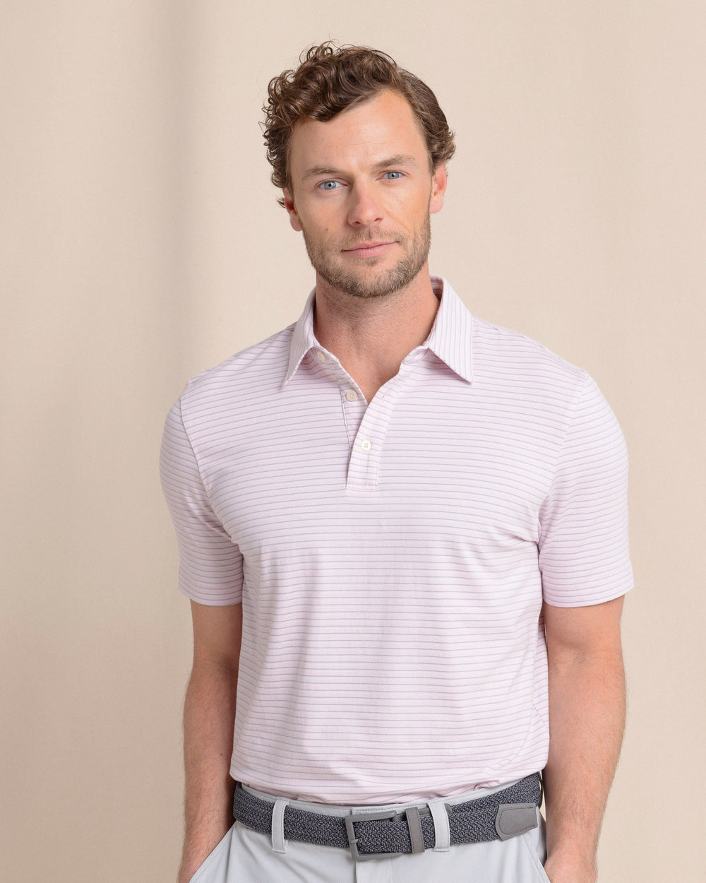 The front view of the Southern Tide The Seaport Kinston Stripe Polo by Southern Tide - Parfait Pink