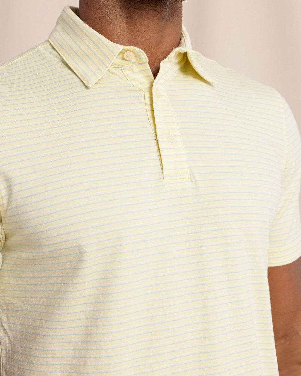 The front detail view of the Southern Tide The Seaport Kinston Stripe Polo by Southern Tide - Tuscan Sun