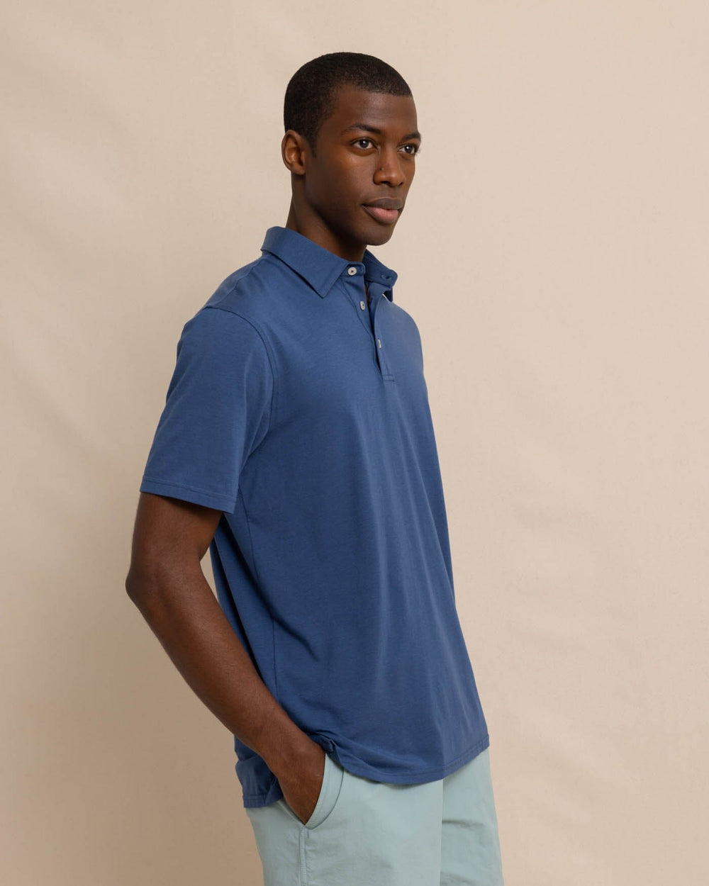The front view of the Southern Tide The Seaport Polo by Southern Tide - Aged Denim