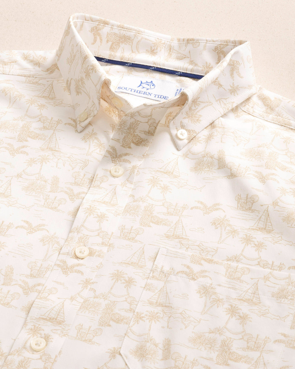 The detail view of the Southern Tide Tide To The Shore Intercoastal Short Sleeve Sport Shirt by Southern Tide - Sourdough