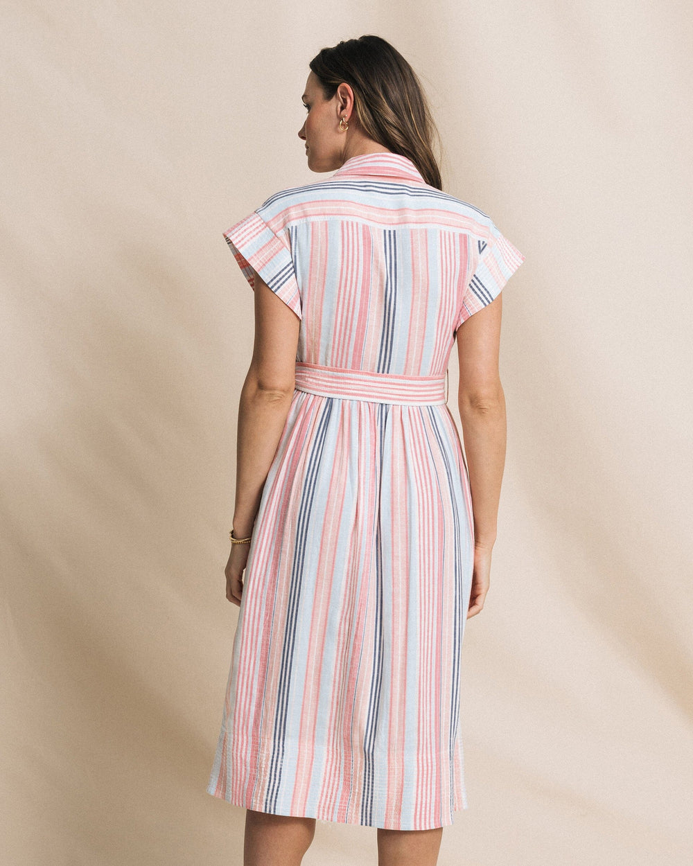 The back view of the Southern Tide Tinley Striped Belted Midi Shirtdress by Southern Tide - Peaches N' Cream